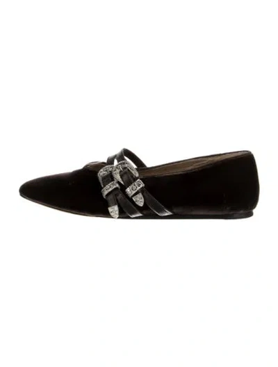 Pre-owned Le Monde Beryl Velvet Leather Trim Embellishment Mary Jane Flats In Black