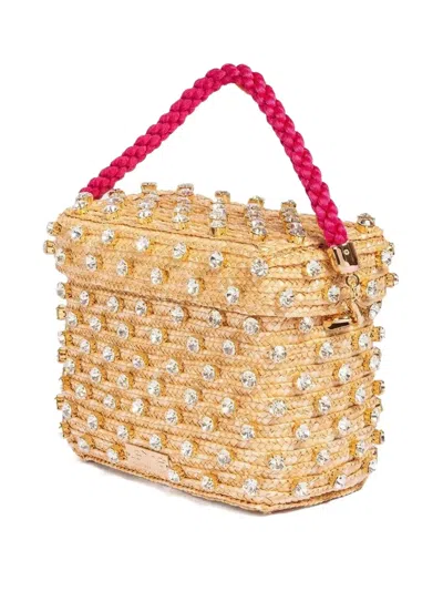 Le Nine Mini Euphoria Box Crystal-embellished Raffia Tote Bag In Neutral
