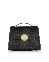 Le Parmentier Women's Bombo Croco Embossed Leather Top-handle Satchel Bag W/strap - Black In Black