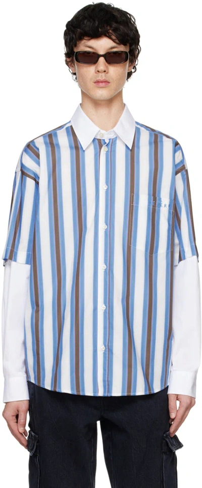 Le Pere Blue & White Detached Sleeve Button Down Shirt