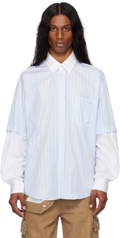 Le Pere Blue & White Detached Sleeve Button Down Shirt In Blue Stripe
