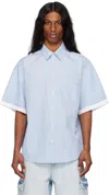 Le Pere Blue Double Short Sleeve Button Down Shirt In Blue Stripe