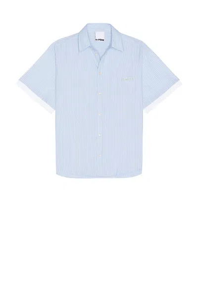 Le Pere Blue Double Short Sleeve Button Down Shirt In Blue Stripe