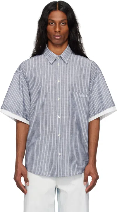 Le Pere Navy Double Short Sleeve Button Down Shirt In Midnight Stone
