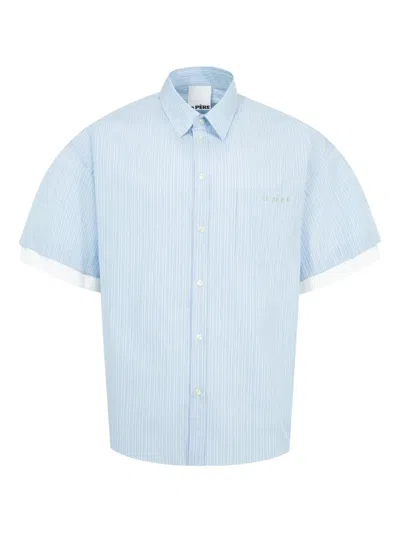 Le Pere Blue Double Short Sleeve Button Down Shirt In Blue Stripe