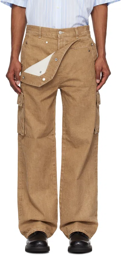 Le Pere Tan Peek-a-boo Denim Cargo Pants In Khaki