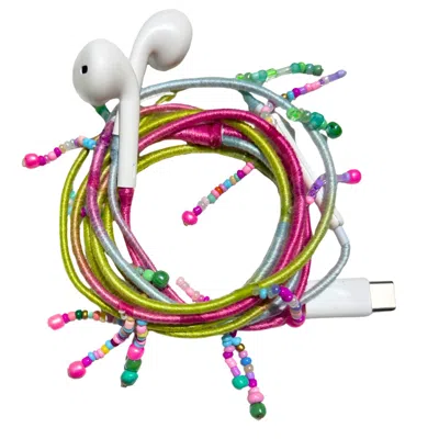 Le Pom Pom Pink / Purple / Green Cotton Candy Earphones With Dangling Beads In Multi