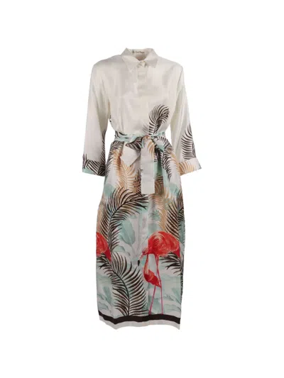Le Sarte Pettegole Flamingo-print Belted Shirt Dress In Multi