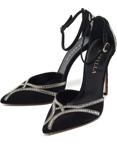 Pre-owned Le Silla Ankle-strap Crystal Heeled Pumps In Black