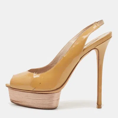 Le Silla Beige Patent Leather Slingback Platform Sandals In Yellow