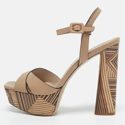 Le Silla Beige Printed Leather Ankle Strap Platform Sandals In Nude