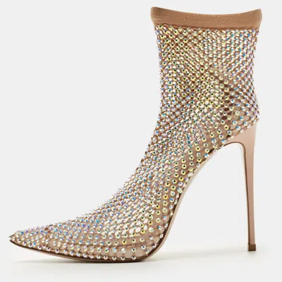 Pre-owned Le Silla Beige Stretch Fabric Gilda Ankle Length Boots Size 38 In Sand
