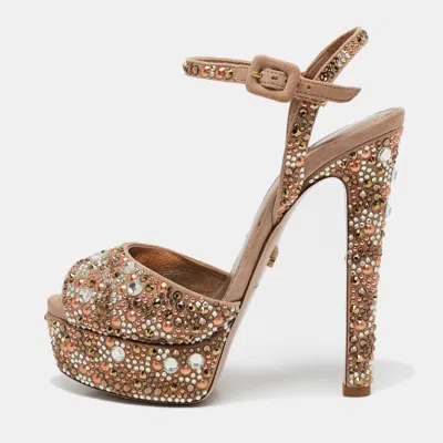Le Silla Beige Suede Crystal Embellished Platform Ankle Strap Sandals In Neutral