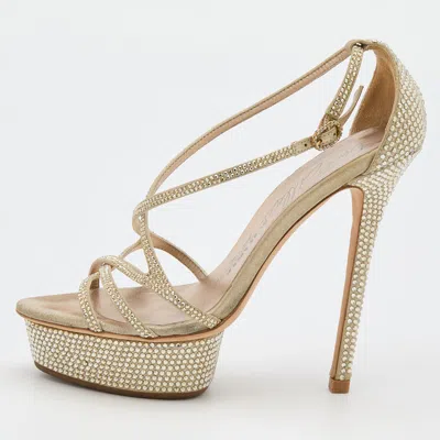 Pre-owned Le Silla Beige Suede Crystal Embellished Strappy Platform Sandals Size 37