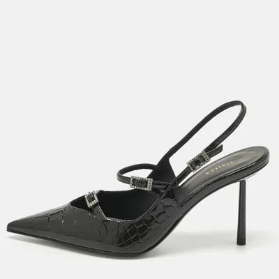 Pre-owned Le Silla Black Croc Embossed Patent Leather Bella Slingback Pumps Size 38