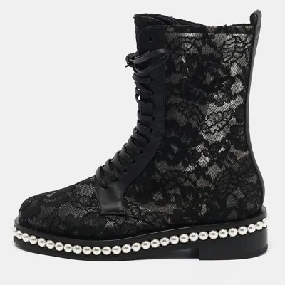Pre-owned Le Silla Black Lace And Leather Pearl Embellished Combat Boots Size 37