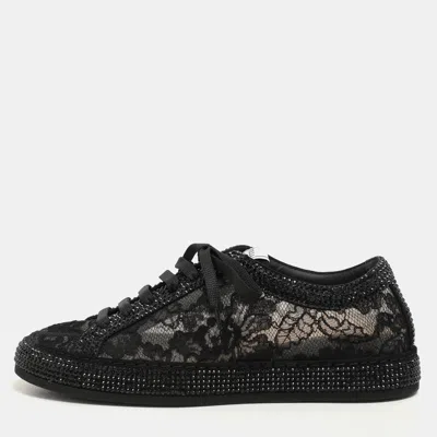 Pre-owned Le Silla Black Lace And Mesh Rhinestone Low Top Sneakers Size 37.5