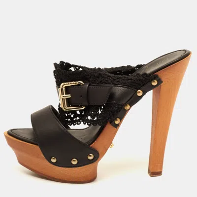 Le Silla Black Leather And Lace Wooden Platform Slide Sandals
