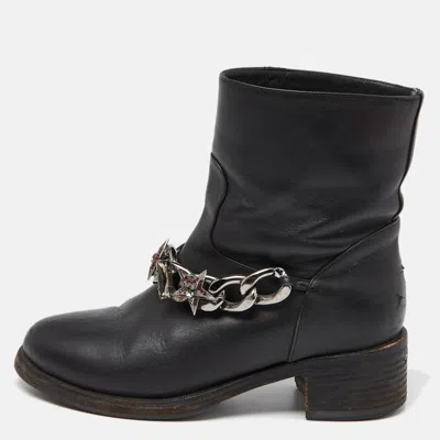 Pre-owned Le Silla Black Leather Embellished Chain Ankle Boots Size 37.5