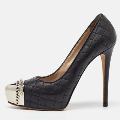 Le Silla Black Quilted Leather Metal Cap Toe Platform Pumps