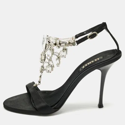Le Silla Black Satin Crystal Embellish T-strap Sandals
