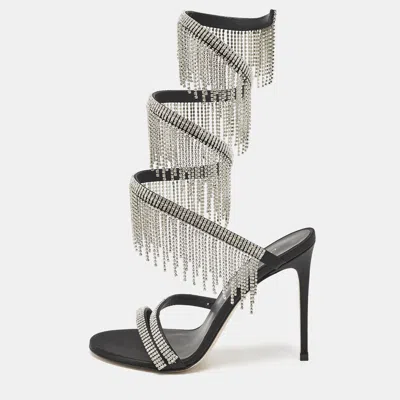 Pre-owned Le Silla Black Satin Crystal Embellished Jewels Ankle Wrap Sandals Size 38