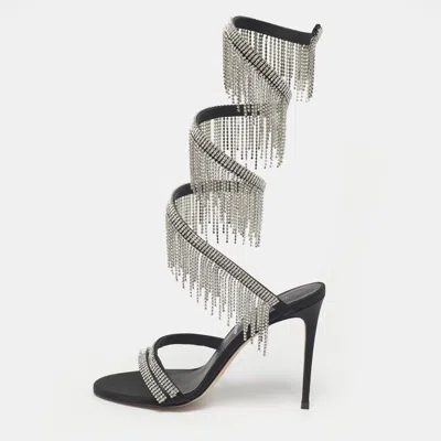 Pre-owned Le Silla Black Satin Crystal Embellished Jewels Ankle Wrap Sandals Size 39