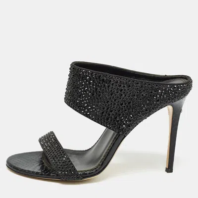 Pre-owned Le Silla Black Suede And Snakeskin Embossed Crystals Embellished Sandals Size 38