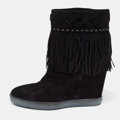 Pre-owned Le Silla Black Suede Concealed Fringed Wedge Boots Size 37