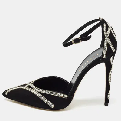 Pre-owned Le Silla Black Suede Crystal Embellished Ankle Strap Pumps Size 38.5