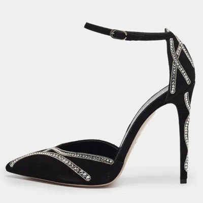 Le Silla Black Suede Crystal Embellished Mary Jane Pumps