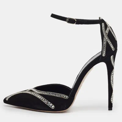Pre-owned Le Silla Black Suede Crystal Embellished Mary Jane Pumps Size 38.5