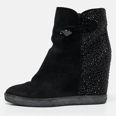 Pre-owned Le Silla Black Suede Crystal Embellished Wedge Ankle Length Boots Size 37