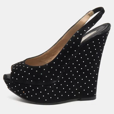 Le Silla Black Suede Crystal Embellished Wedge Platform Slingback Sandals
