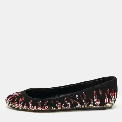 Le Silla Black Suede Fire Crystals Embellished Ballet Flats