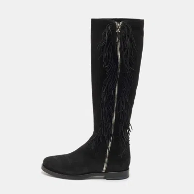 Le Silla Black Suede Fringe Trim Knee Length Boots