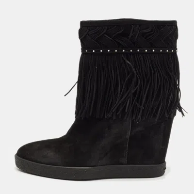 Pre-owned Le Silla Black Suede Fringe Wedge Ankle Boots Size 37