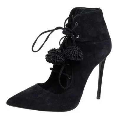 Pre-owned Le Silla Black Suede Lace Up Pointed Toe Ankle Booties Size 36.5