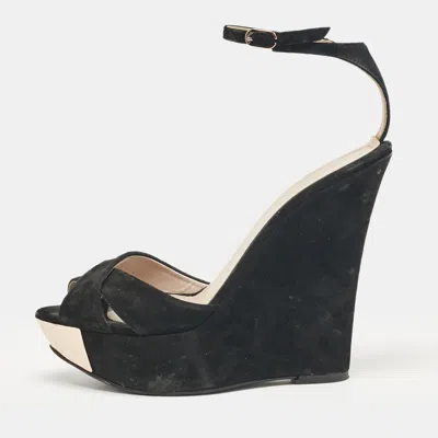 Le Silla Black Suede Wedge Ankle Wrap Sandals