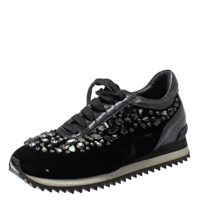 Le Silla Black Velvet And Leather Crystal Embellished Low Top Sneakers