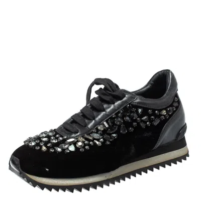 Le Silla Black Velvet And Leather Crystal Embellished Low Top Sneakers