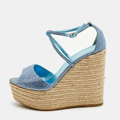 Le Silla Blue Suede Crystal Embellish Espadrille Wedge Sandals