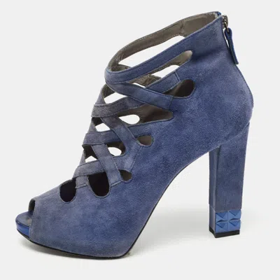 Le Silla Blue Suede Cut Out Peep Toe Platform Ankle Boots