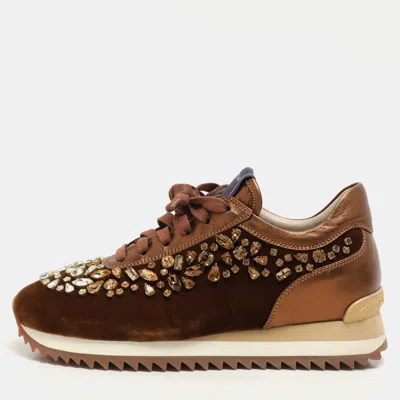Pre-owned Le Silla Bronze Leather And Velvet Crystal Embellished Low Top Sneakers Size 36