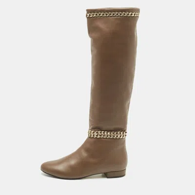 Le Silla Brown Leather Chain Detail Knee High Boots In Multi