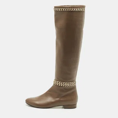 Le Silla Brown Leather Chain Detail Knee High Boots