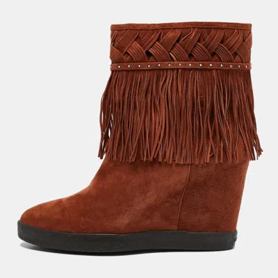 Le Silla Brown Suede Fringe Wedge Ankle Boots