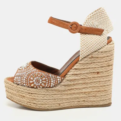 Le Silla Brown/beige Canvas And Suede Crystal Embellished Wedge Sandals