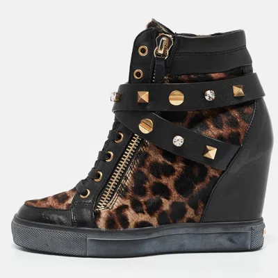 Pre-owned Le Silla Brown/black Calf Leather And Leather Wedge Sneakers Size 36