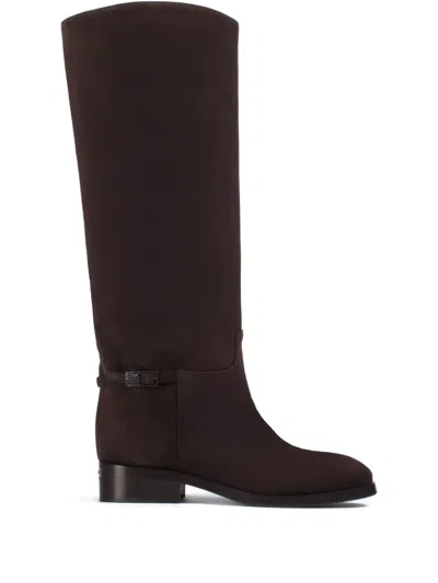 Le Silla Calf Suede Buckle Boots In Brown